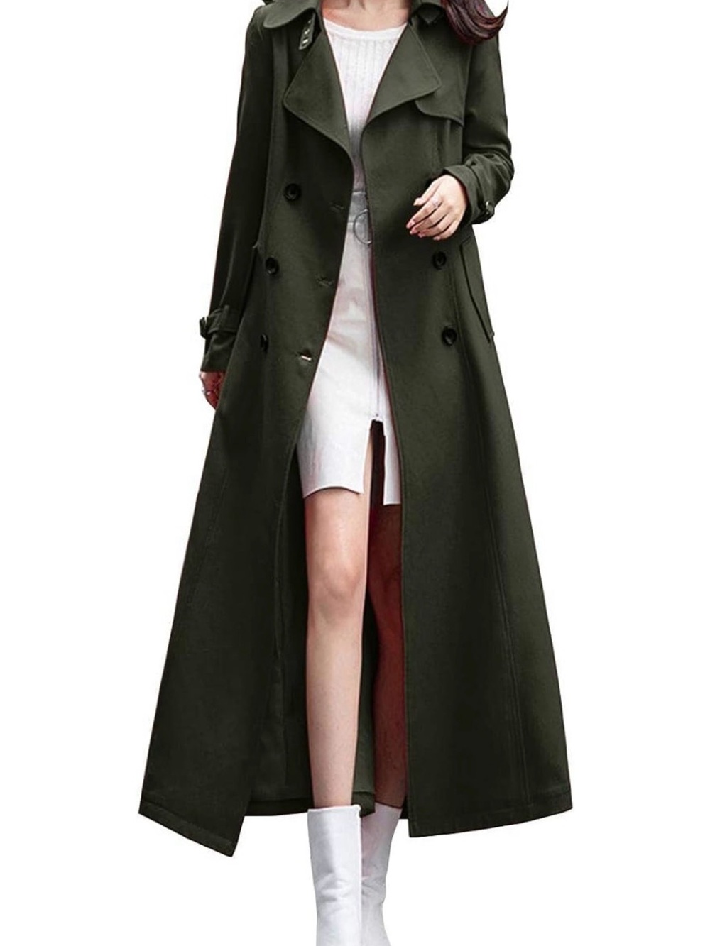 Long Double-Breasted Woman’s Trench Coat in Army Green NEW